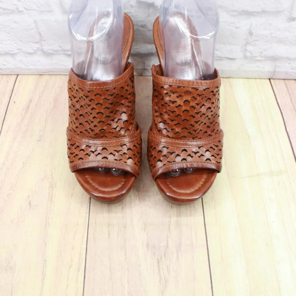 Frye Sage Cut Brown Leather Slip On Platform Heeled Sandals Size 9 Medium - Picture 5 of 9